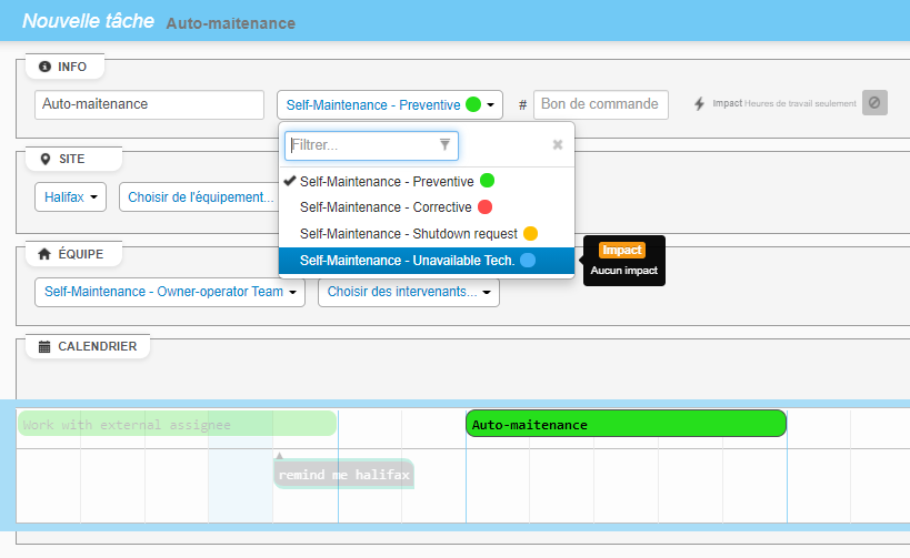 Client Self-Maintainer - Team Leader : options de types de tâches.